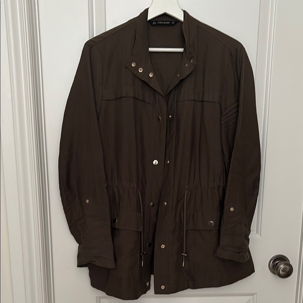 Zara Dark Olive Jacket with Adjustable Drawstring Waist and Metallic Accente